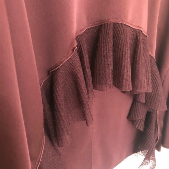 Elizabeth & James Satin Burgundy Hi Lo Ruffle Blouse cropped chic evening - Picture 4 of 9
